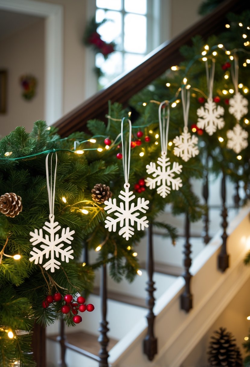 White snowflake ornaments hanging along a decorated Christmas staircase with green garlands and lights.