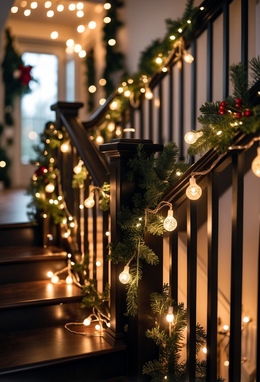 A staircase entrance decorated with string lights wrapped around the banisters and festive greenery.