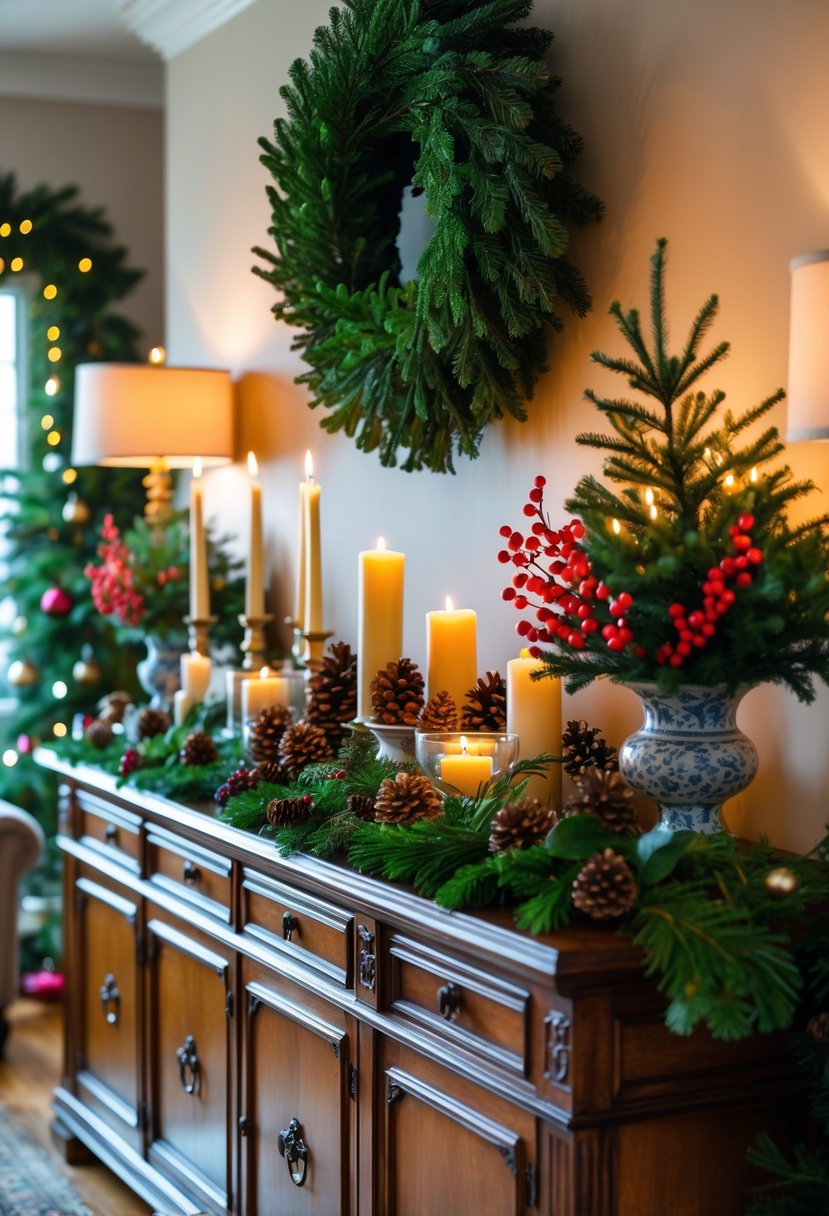 A Christmas wreath above a sideboard with matching festive table arrangements including candles, pine cones, and evergreen decorations.
