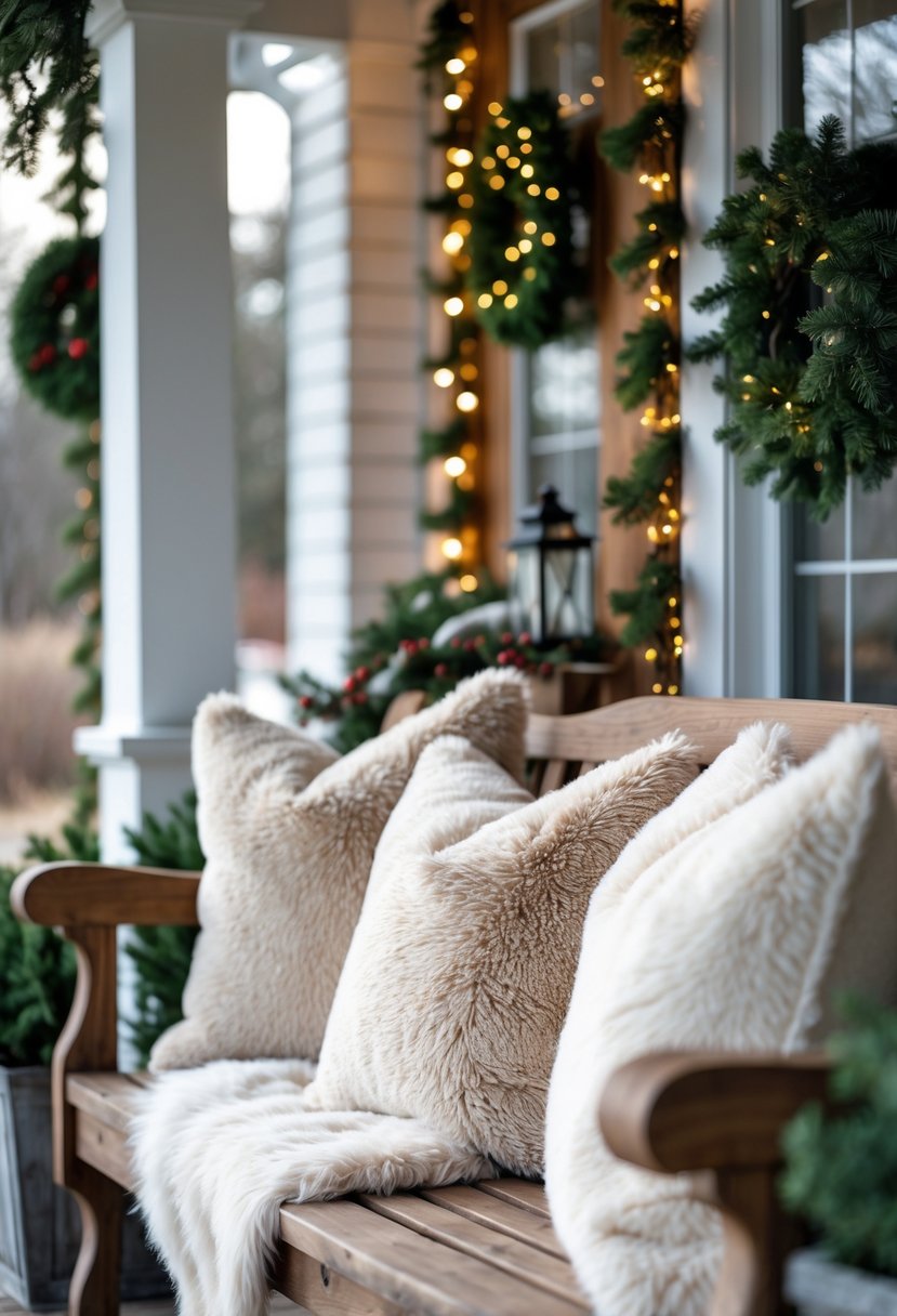 A porch bench with soft faux fur throw pillows surrounded by Christmas decorations including pine garlands and string lights.