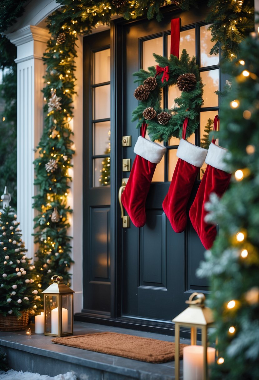 Red velvet Christmas stockings hanging beside a decorated front door with greenery and lights.