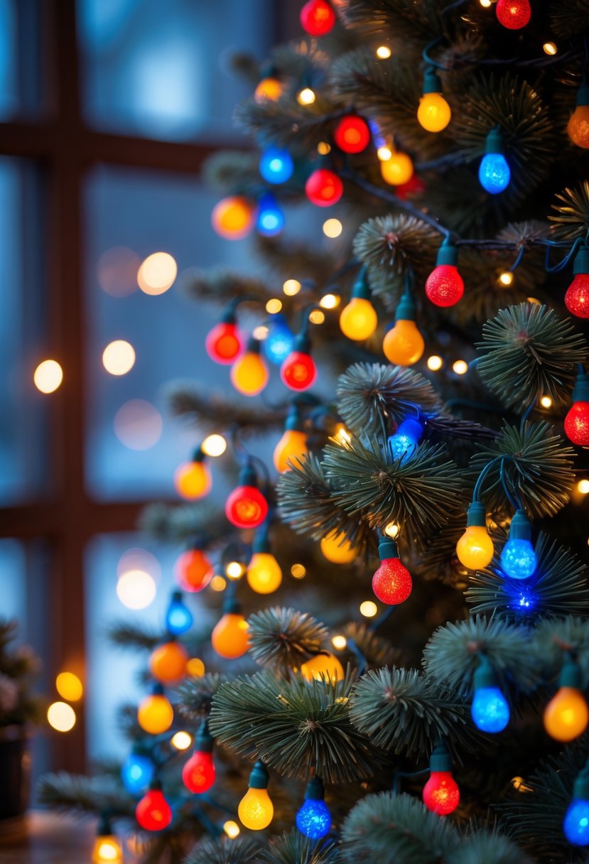 A Christmas tree decorated with bright red, blue, and yellow lights glowing warmly among green pine branches.