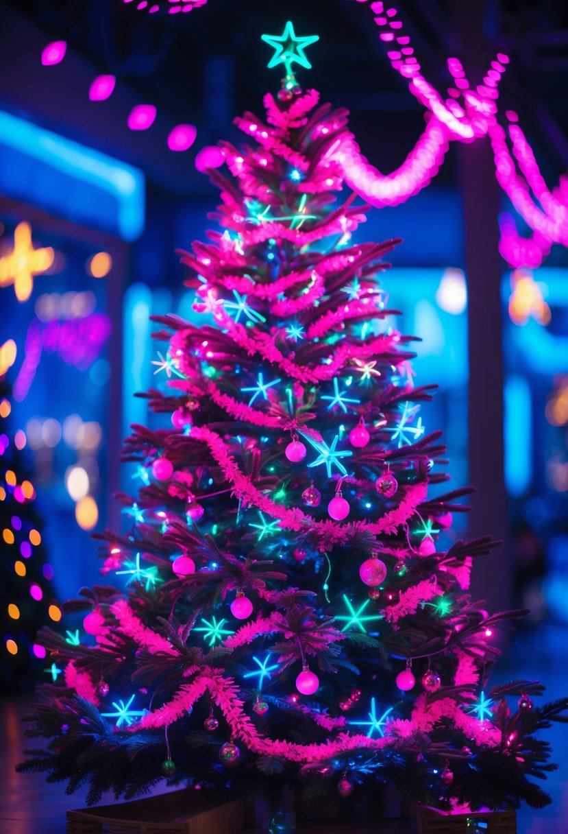 A brightly lit Christmas tree decorated with neon pink, electric blue, and vivid green multi-color lights.