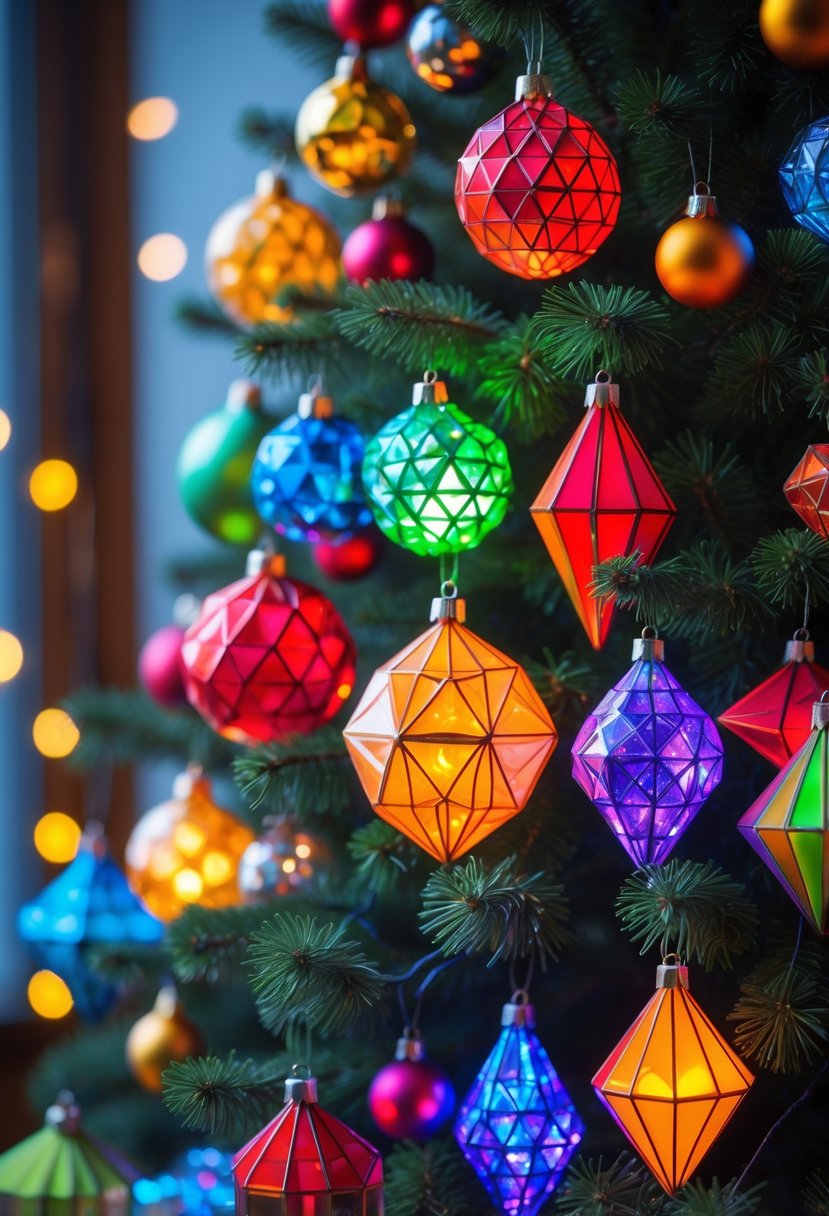 Colorful geometric Christmas ornaments glowing with multicolor lights on a decorated evergreen tree.