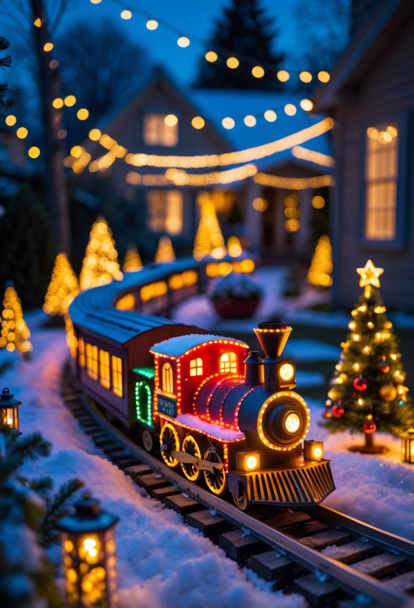 A Christmas-themed light train winding through a backyard decorated with glowing holiday lights and festive ornaments at night.