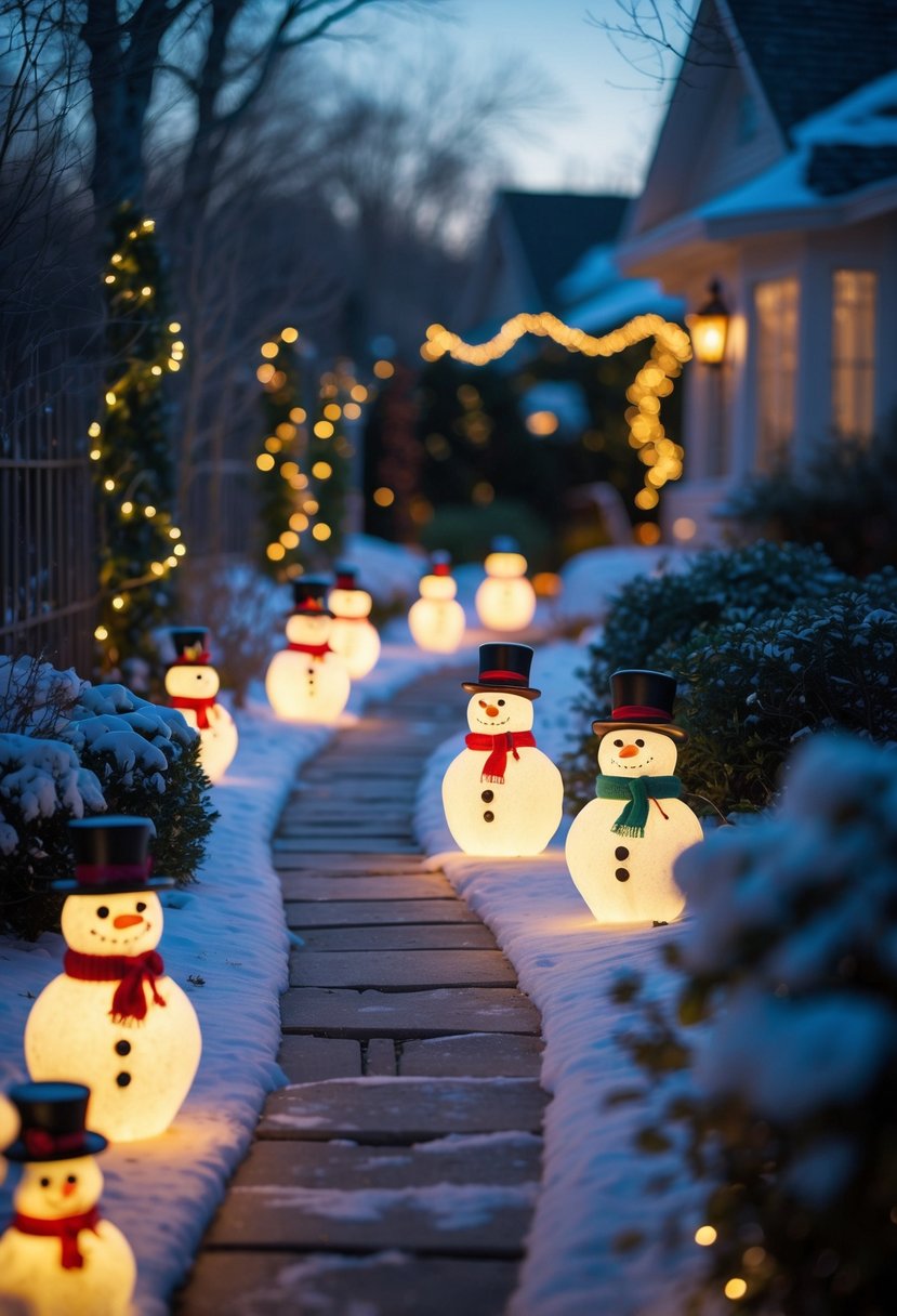 A backyard garden path lined with glowing snowman decorations illuminated at night.