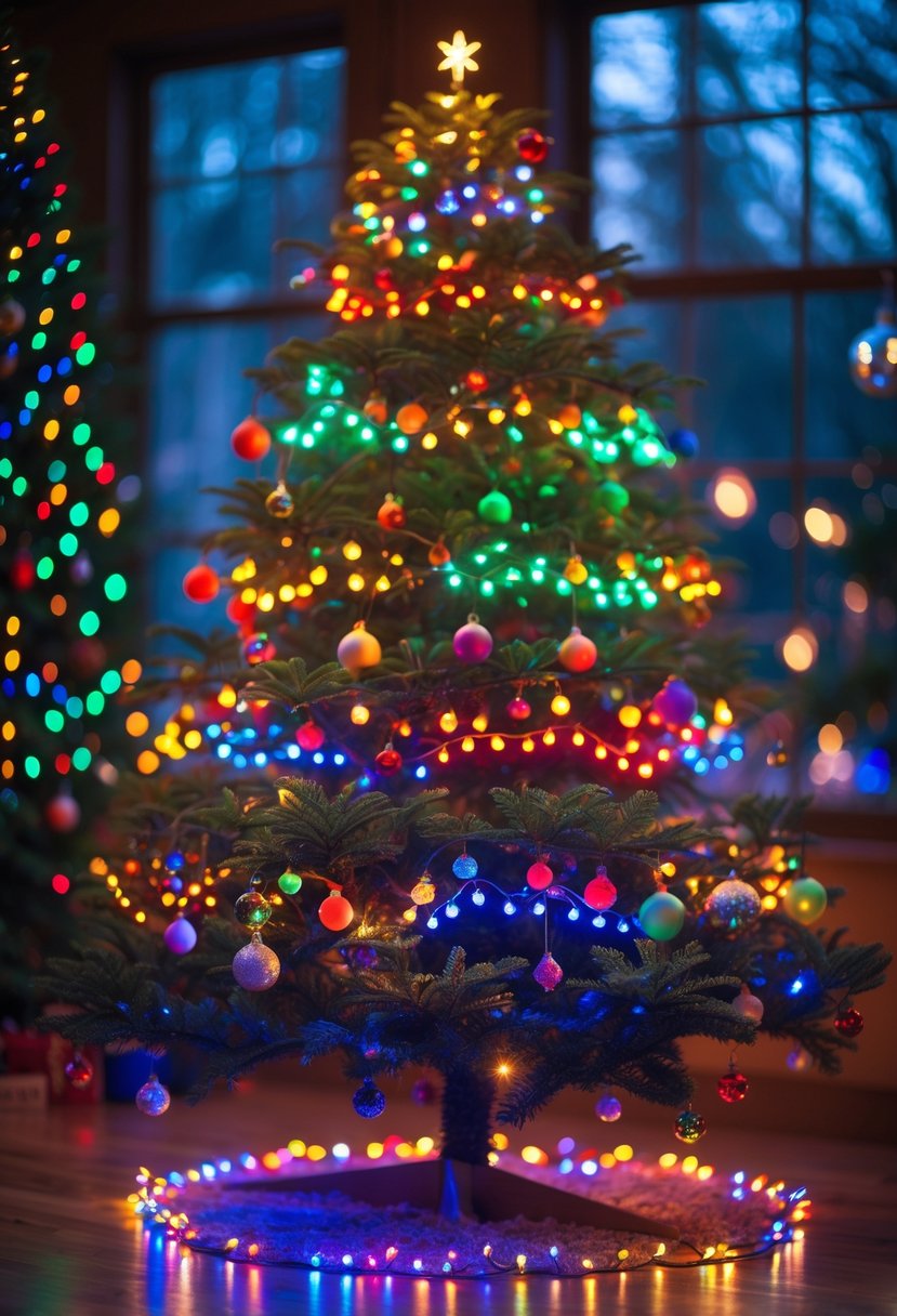 A brightly decorated Christmas tree with colorful rainbow lights glowing on its branches.