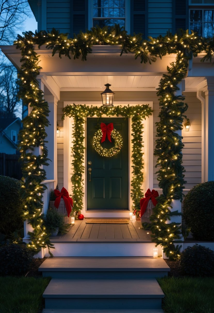 Front porch decorated with a garland of sparkling lights and Christmas decorations glowing at twilight.