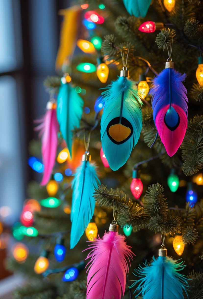 A Christmas tree decorated with colorful feather ornaments and bright multi-colored lights.