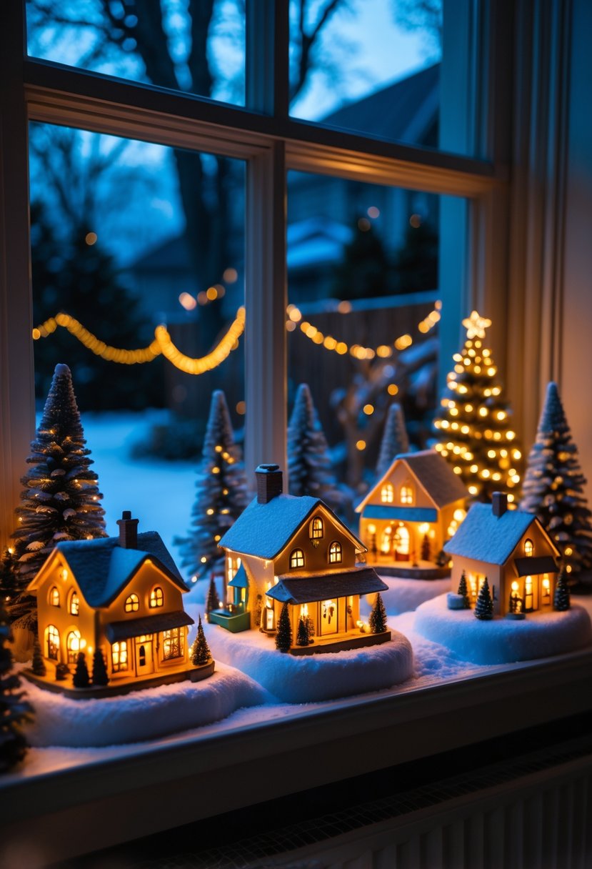 Miniature lighted holiday village on a windowsill at night with snow-covered tiny houses and trees.