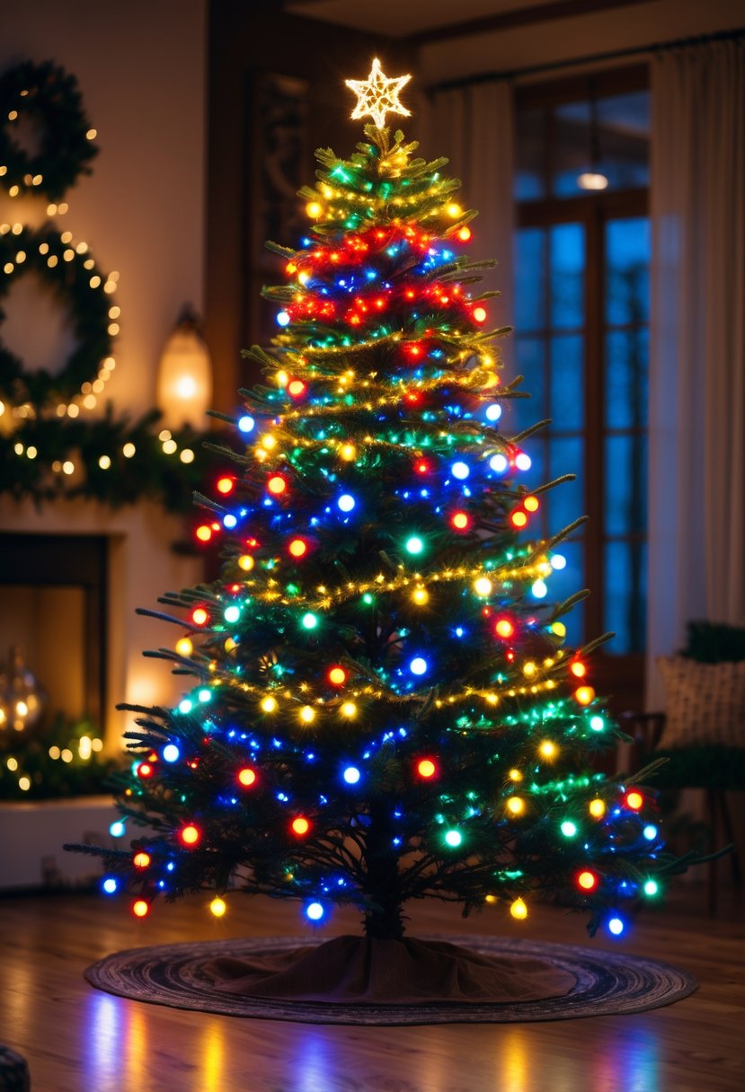A Christmas tree decorated with bright red, blue, yellow, and green lights glowing in a cozy indoor setting.