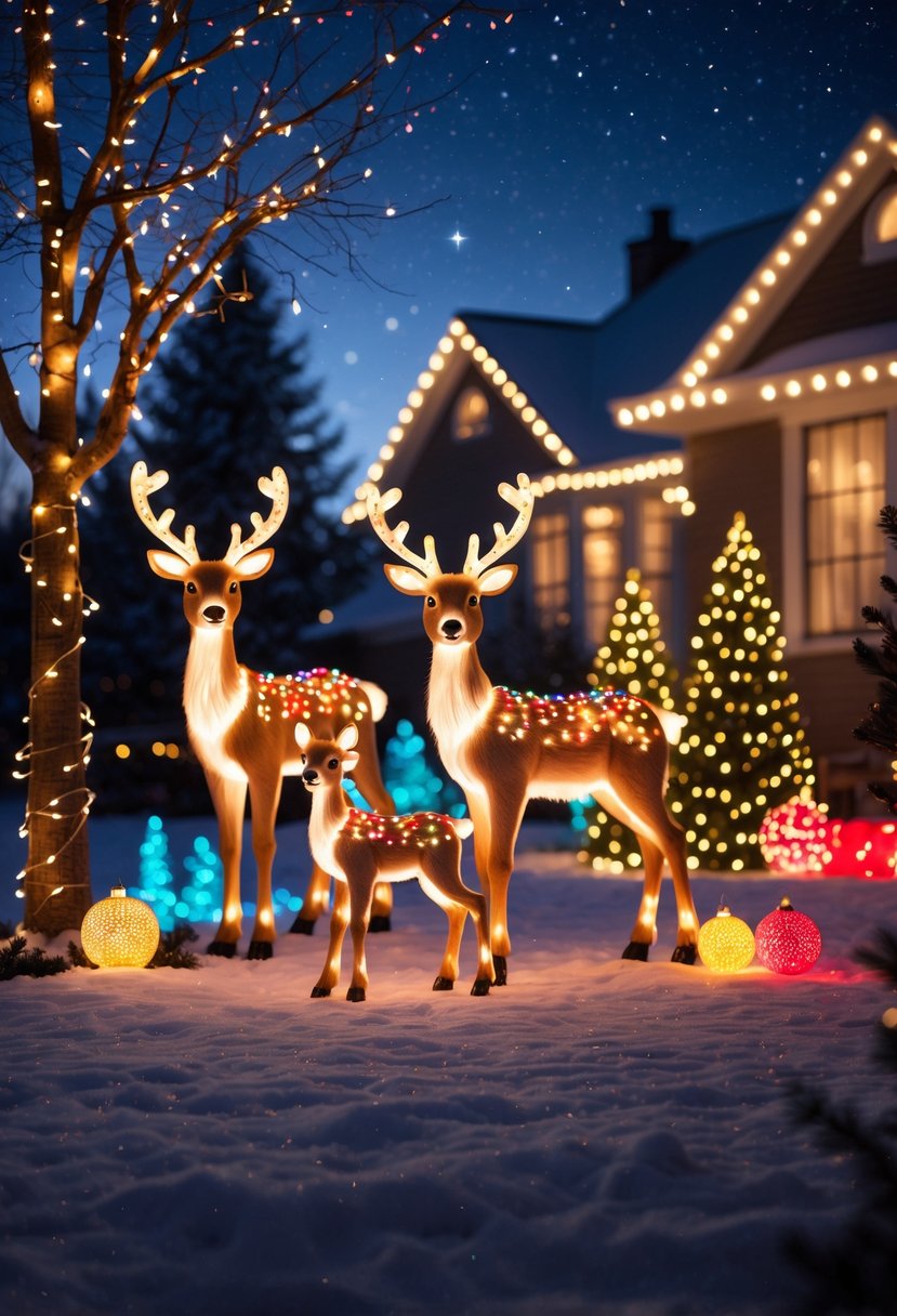 A backyard at night decorated with glowing LED reindeer figures and various Christmas lights illuminating the snow-covered ground.