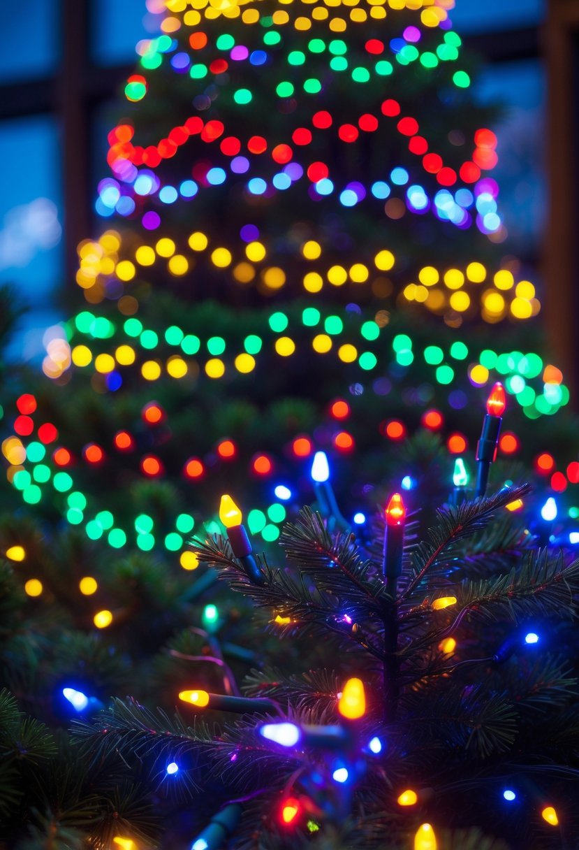 A decorated Christmas tree with multi-color lights layered throughout its branches creating a vibrant and festive display.