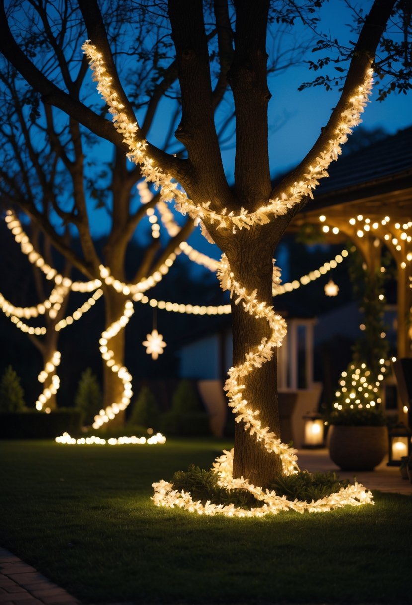 Backyard trees decorated with glowing garlands illuminating the night.