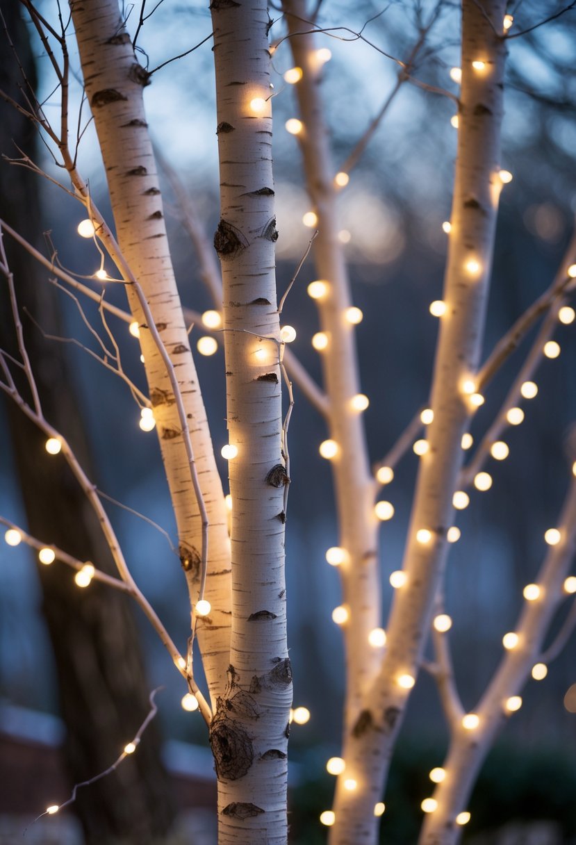 Birch tree branches wrapped with white fairy lights glowing softly in a cozy holiday setting.