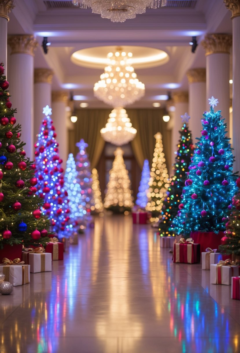 A group of 15 decorated Christmas trees with red and blue ornaments and colorful lights glowing brightly indoors.