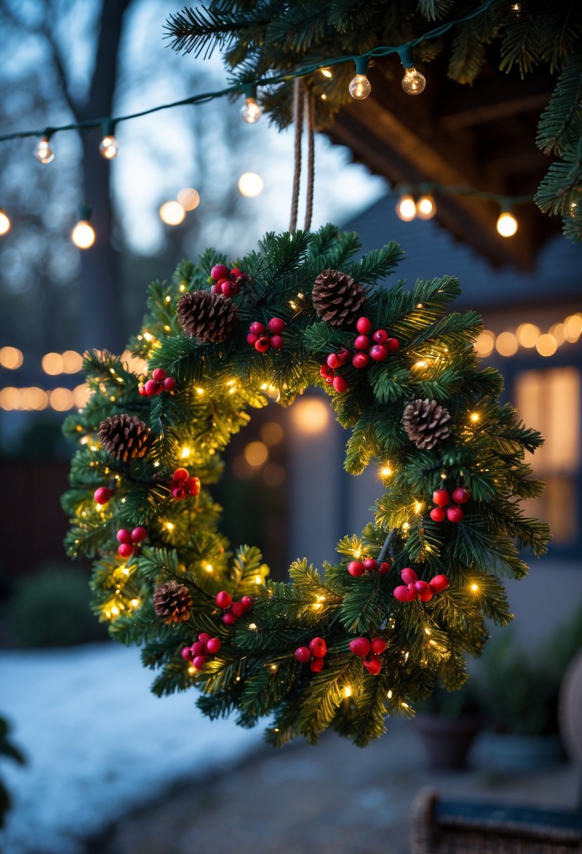 A festive Christmas wreath with glowing twinkle lights hanging outdoors in a backyard decorated for the holidays at dusk.