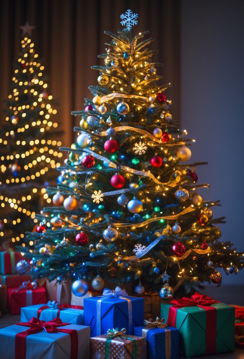 A decorated Christmas tree with colorful lights and ornaments surrounded by wrapped presents.