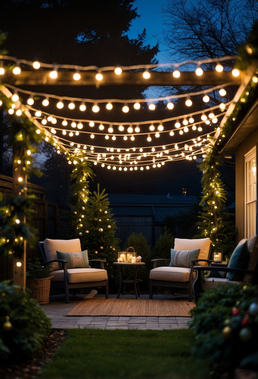 Outdoor backyard seating area at night with twinkling fairy lights overhead and festive decorations.