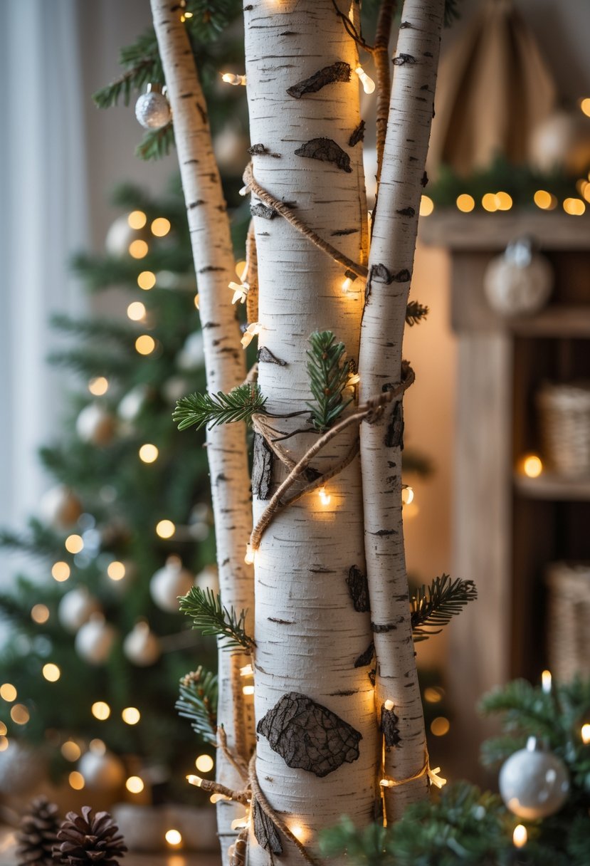 A decorated birch tree with rustic birch bark garlands and warm white lights surrounded by natural holiday decor.