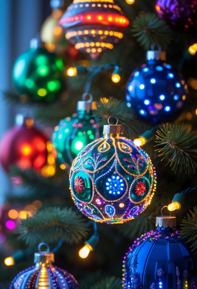 A collection of colorful Christmas tree ornaments decorated with bright multi-colored lights.
