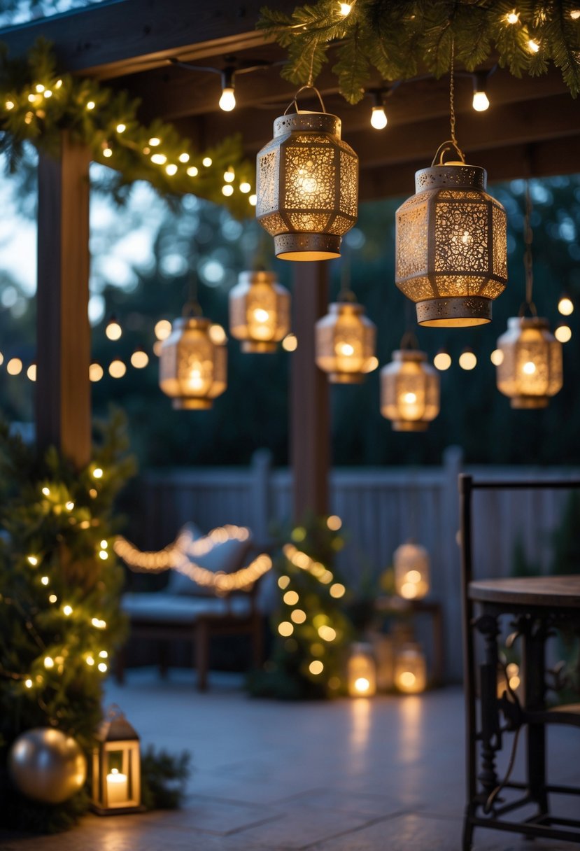 Metallic lanterns hanging above a backyard patio glowing warmly at dusk with Christmas decorations around.