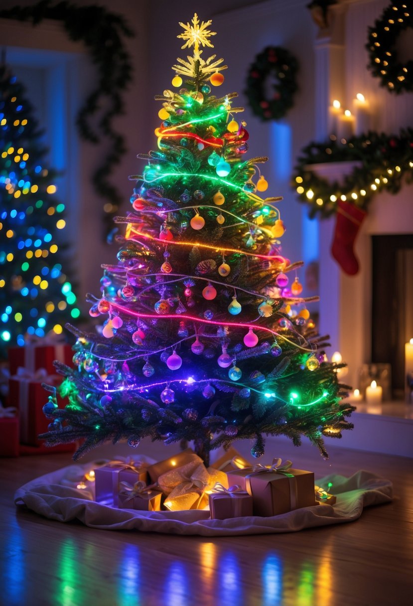 A decorated Christmas tree glowing with colorful LED lights changing colors, surrounded by holiday ornaments and presents.