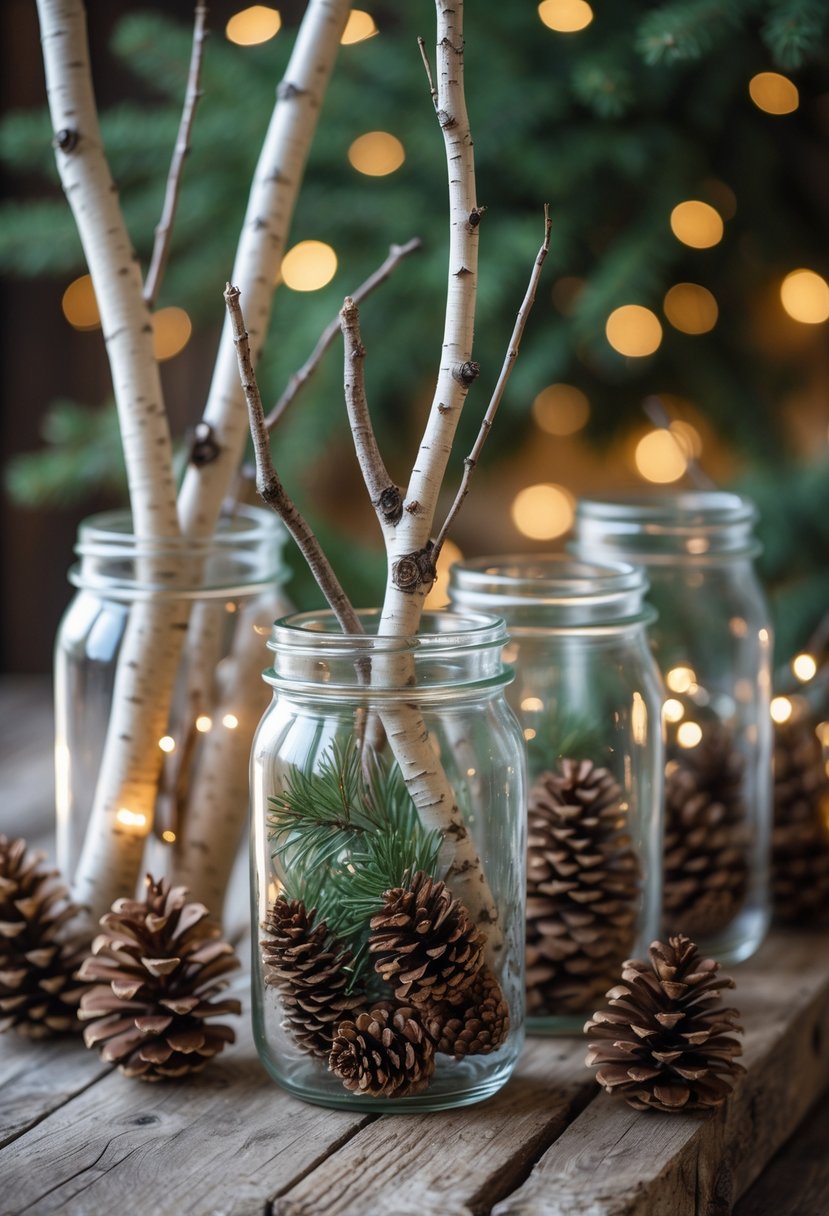 Glass jars filled with birch twigs and pinecones arranged on a wooden surface with holiday decorations in the background.