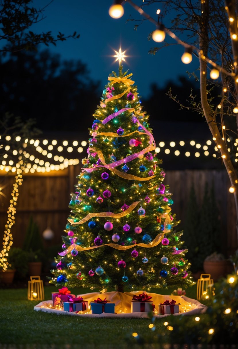 A pre-lit Christmas tree decorated with ornaments and a glowing star topper in a backyard at night with festive lights and decorations around it.