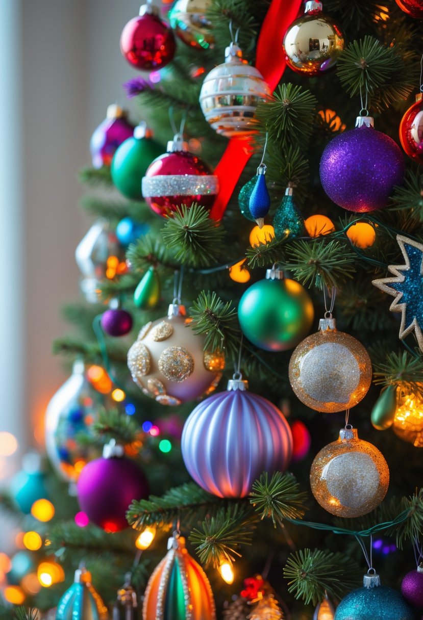 A decorated Christmas tree with various textured ornaments and colorful lights glowing warmly.