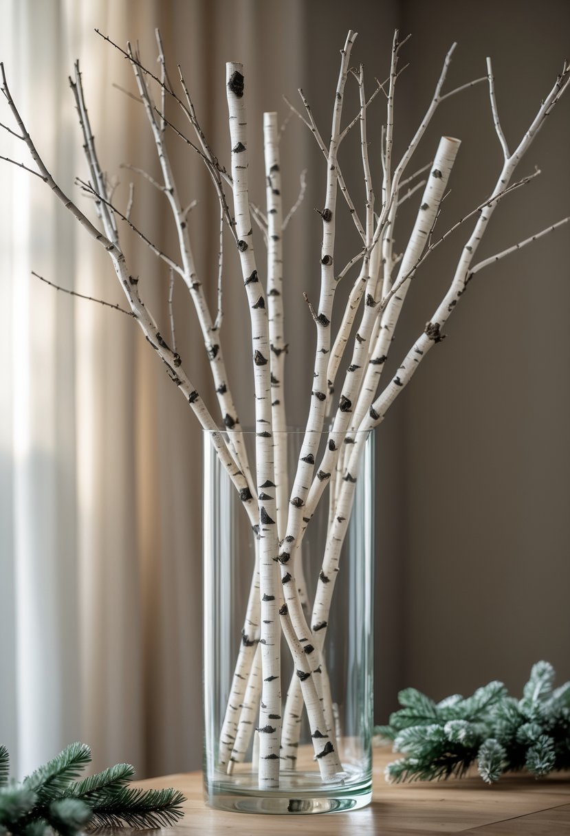 A tall clear vase filled with artificial birch branches on a wooden surface.
