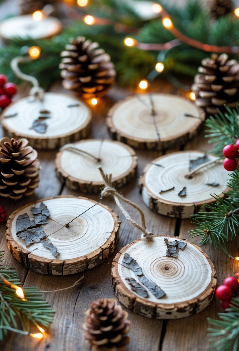 A collection of birch wood ornaments with bark texture arranged with pinecones, evergreen sprigs, and warm Christmas lights on a wooden surface.