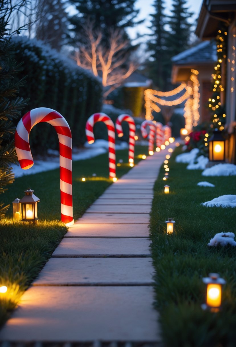 A backyard walkway lined with large red and white candy cane stakes glowing with lights, surrounded by greenery and festive holiday decorations.