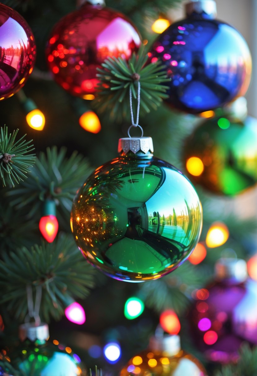 Close-up of colorful glass baubles hanging on a Christmas tree with multi-colored lights glowing around them.
