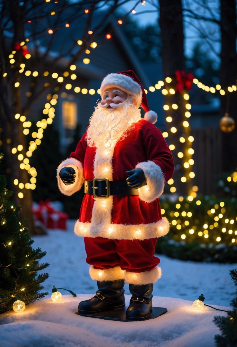 A lighted Santa Claus figurine outdoors in a backyard decorated with Christmas lights and ornaments at night.