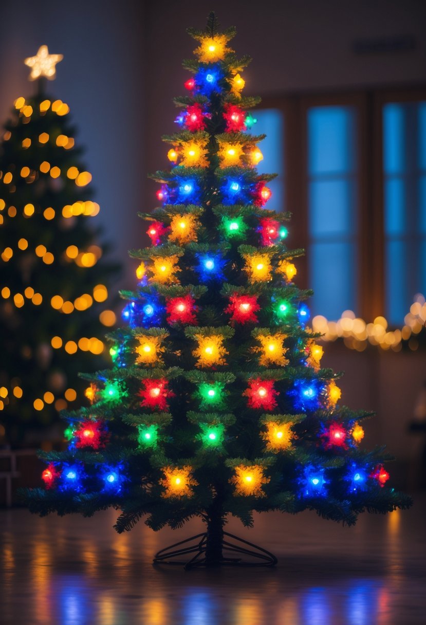 A Christmas tree decorated with bright, colorful lights arranged in symmetrical color blocks.