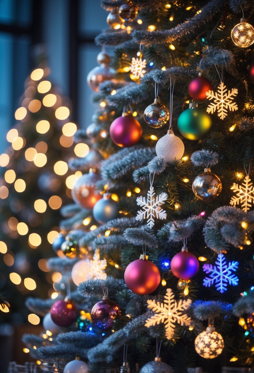 A decorated Christmas tree glowing with warm white and colorful lights surrounded by festive ornaments.