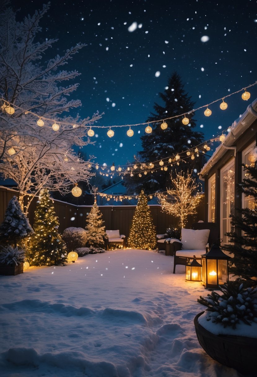 A snow-covered backyard at night with glowing snowflakes falling and Christmas decorations lighting up the scene.