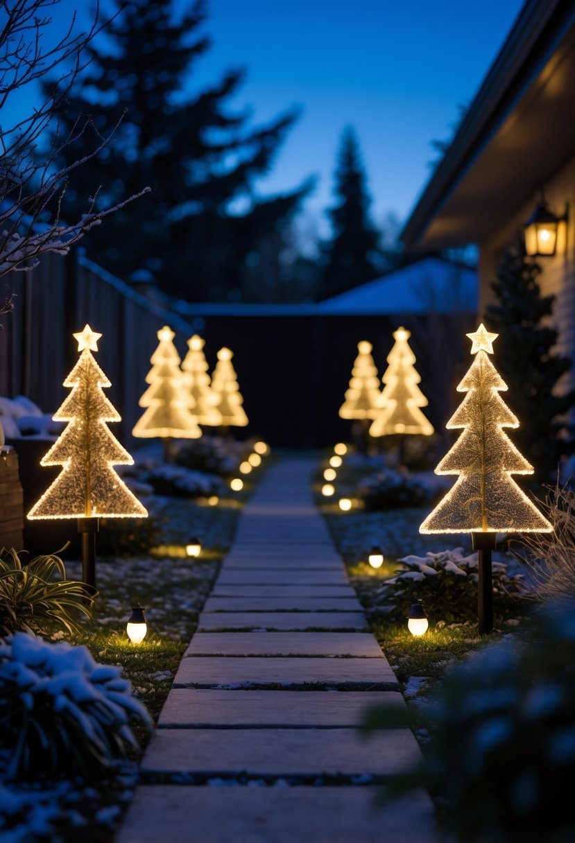 Backyard pathway lit by solar-powered Christmas tree-shaped lights glowing warmly at dusk surrounded by plants and holiday decorations.