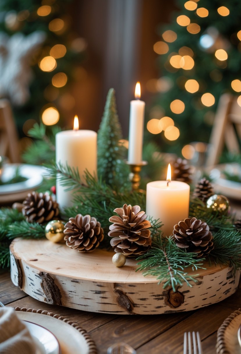 A Christmas table decorated with birch wood slabs, pine cones, evergreen branches, and candles as centerpieces.