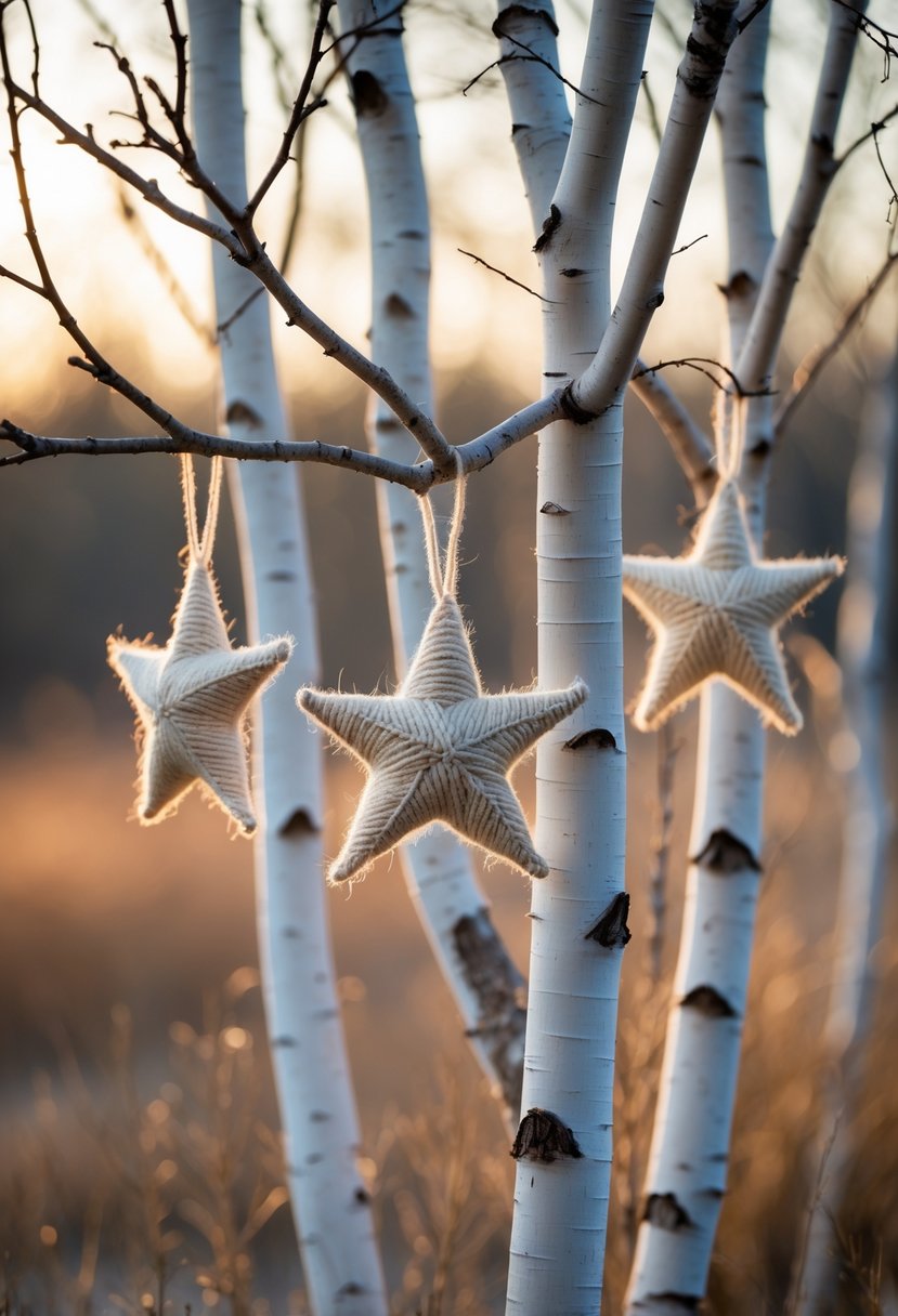 Close-up of birch tree branches decorated with natural fiber star ornaments.