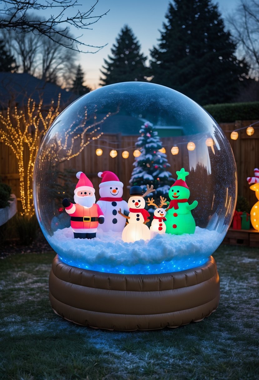 Inflatable snow globe with holiday characters in a decorated backyard lit by Christmas lights at dusk.