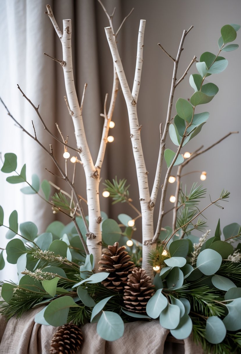 A cozy Christmas decoration combining birch branches and eucalyptus stems arranged with pine cones and soft lighting.