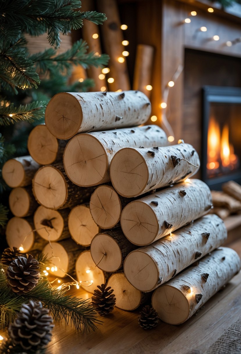 A pile of birch logs stacked next to a fireplace with Christmas decorations and warm lighting.