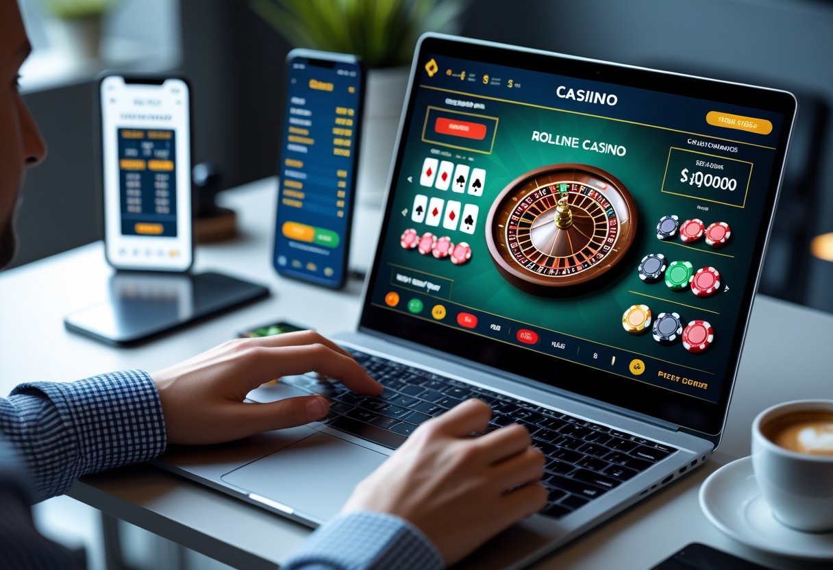 A person using a laptop with an online casino interface showing poker chips and cards, with a smartphone and coffee cup nearby on a desk.