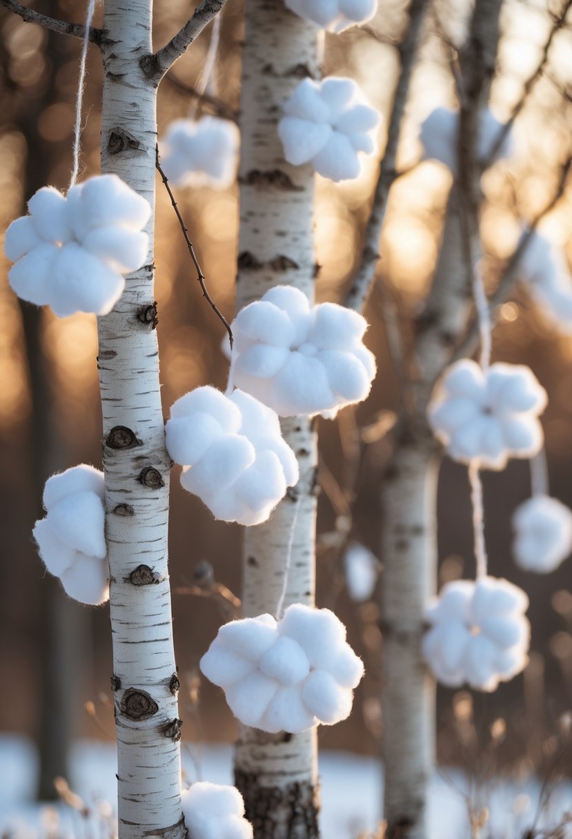 Birch tree branches decorated with cotton snow garlands for Christmas.