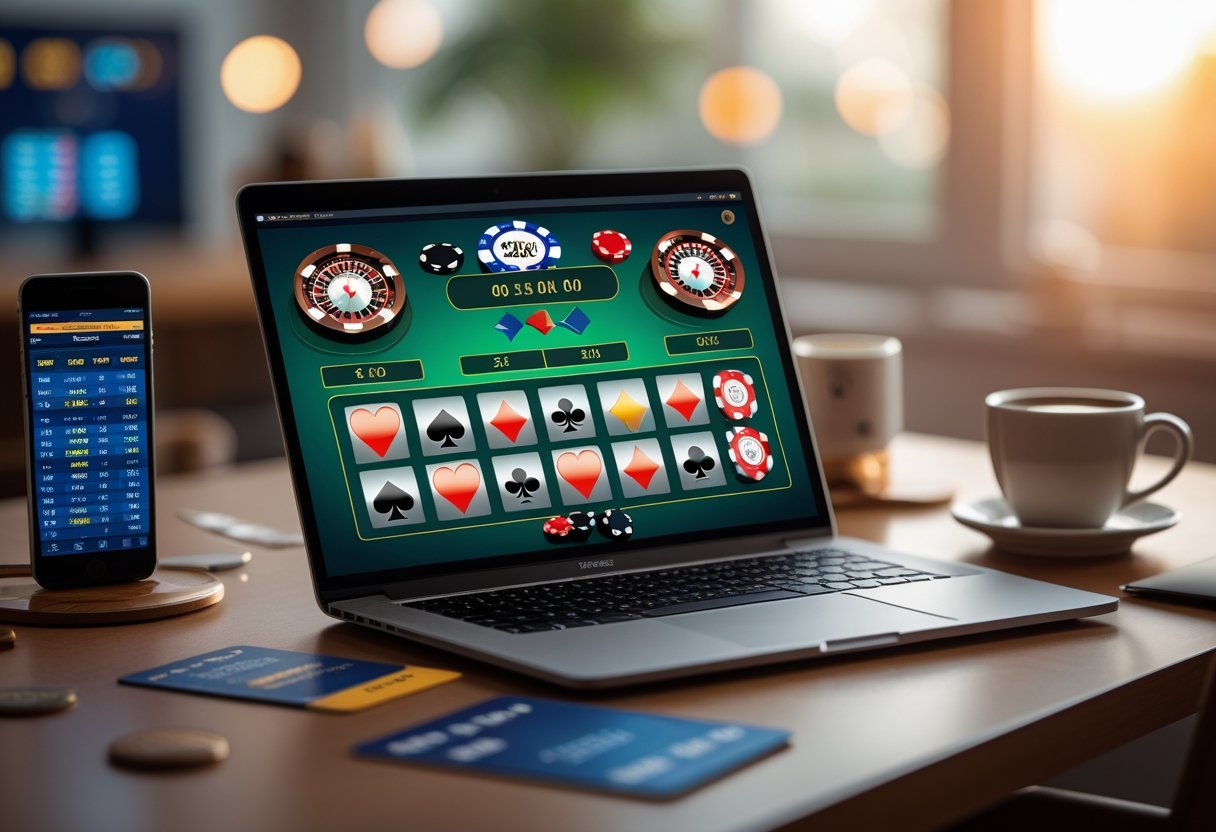 A laptop on a desk showing an online casino interface with playing cards and poker chips, surrounded by a smartphone, credit card, and coffee cup in a cozy workspace.