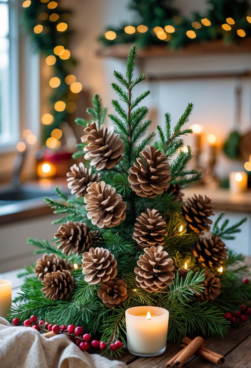 A Christmas kitchen table with a centerpiece made of pinecones and evergreen branches surrounded by holiday decorations and warm candlelight.
