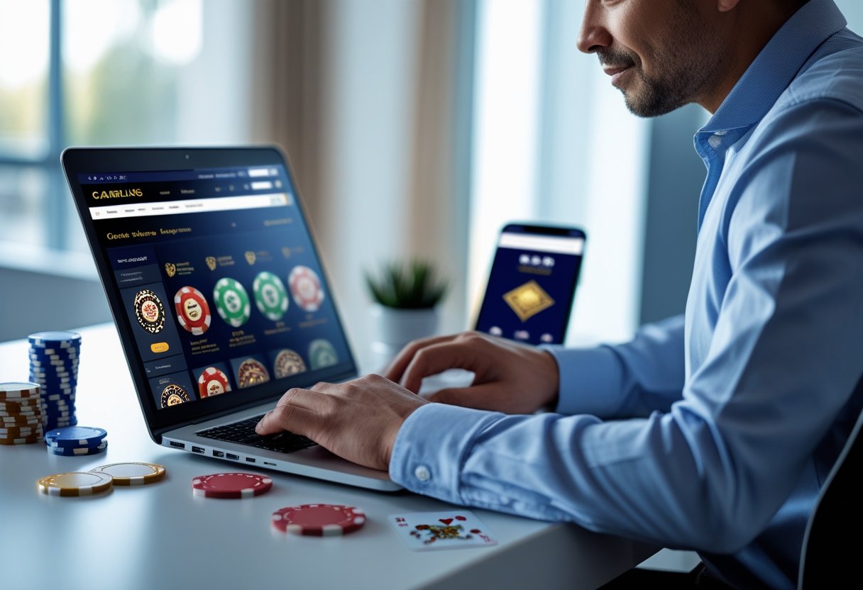 A person sitting at a desk looking at a laptop with poker chips and playing cards nearby.