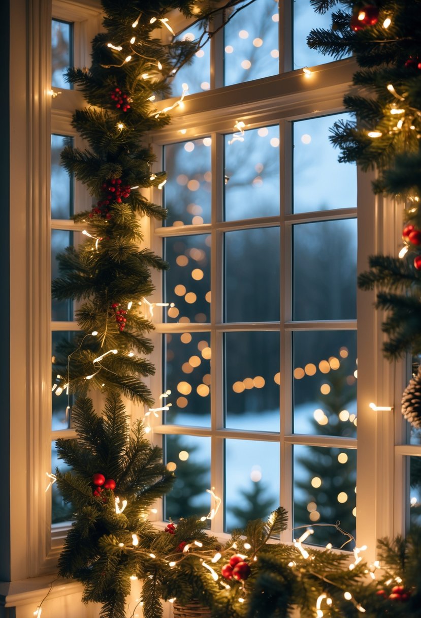 A bay window decorated with evergreen garlands and warm white fairy lights glowing softly.